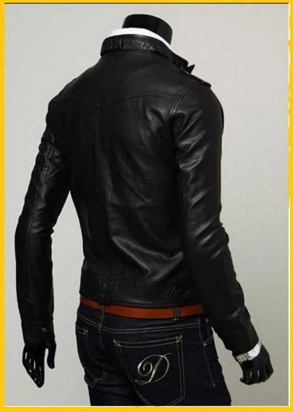 Button Pocket Slim Fit Black Rider Leather Jacket
