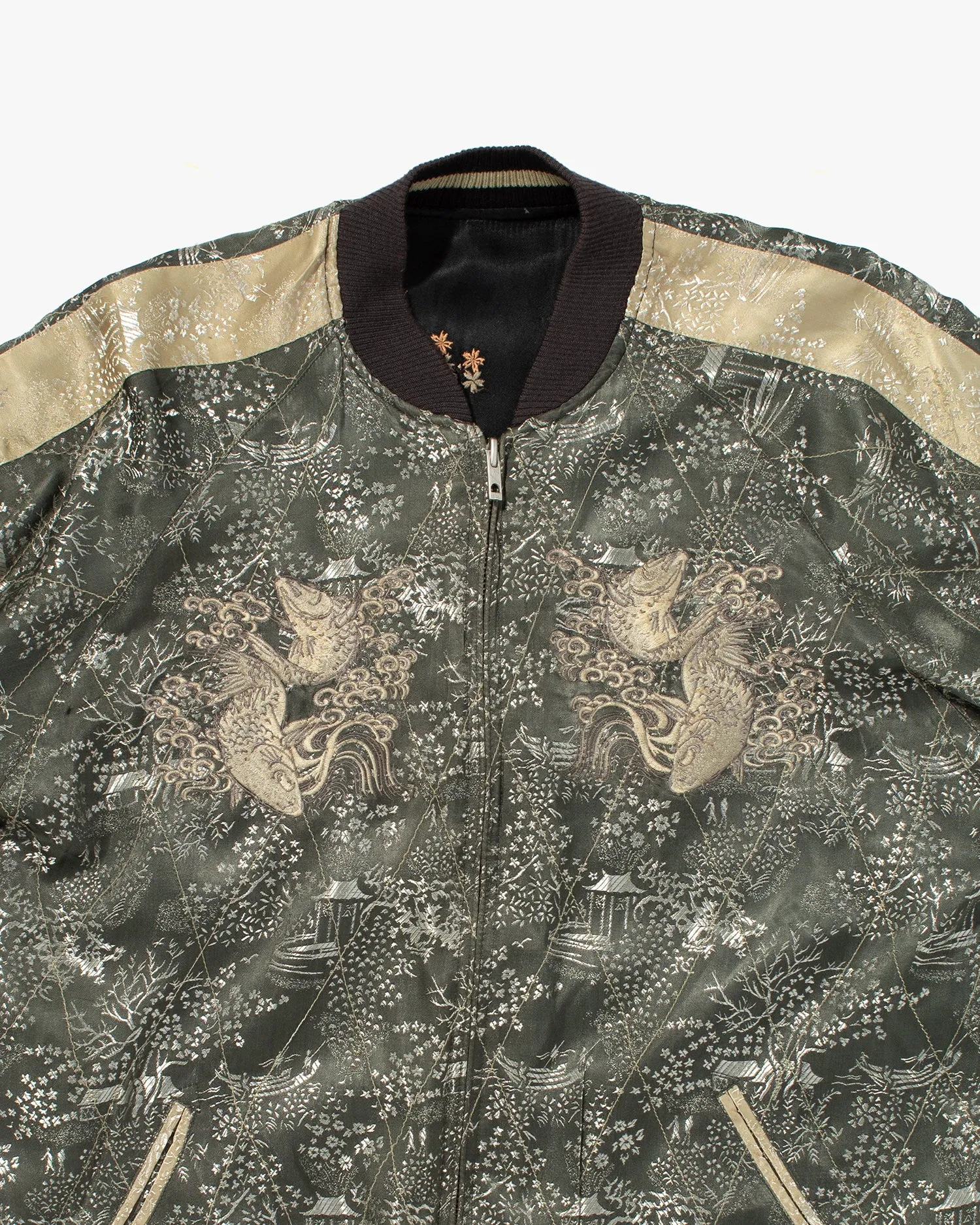 Japanese Repro Souvenir Jacket, Reversible, Black with Koi and Cherry Blossom Tree