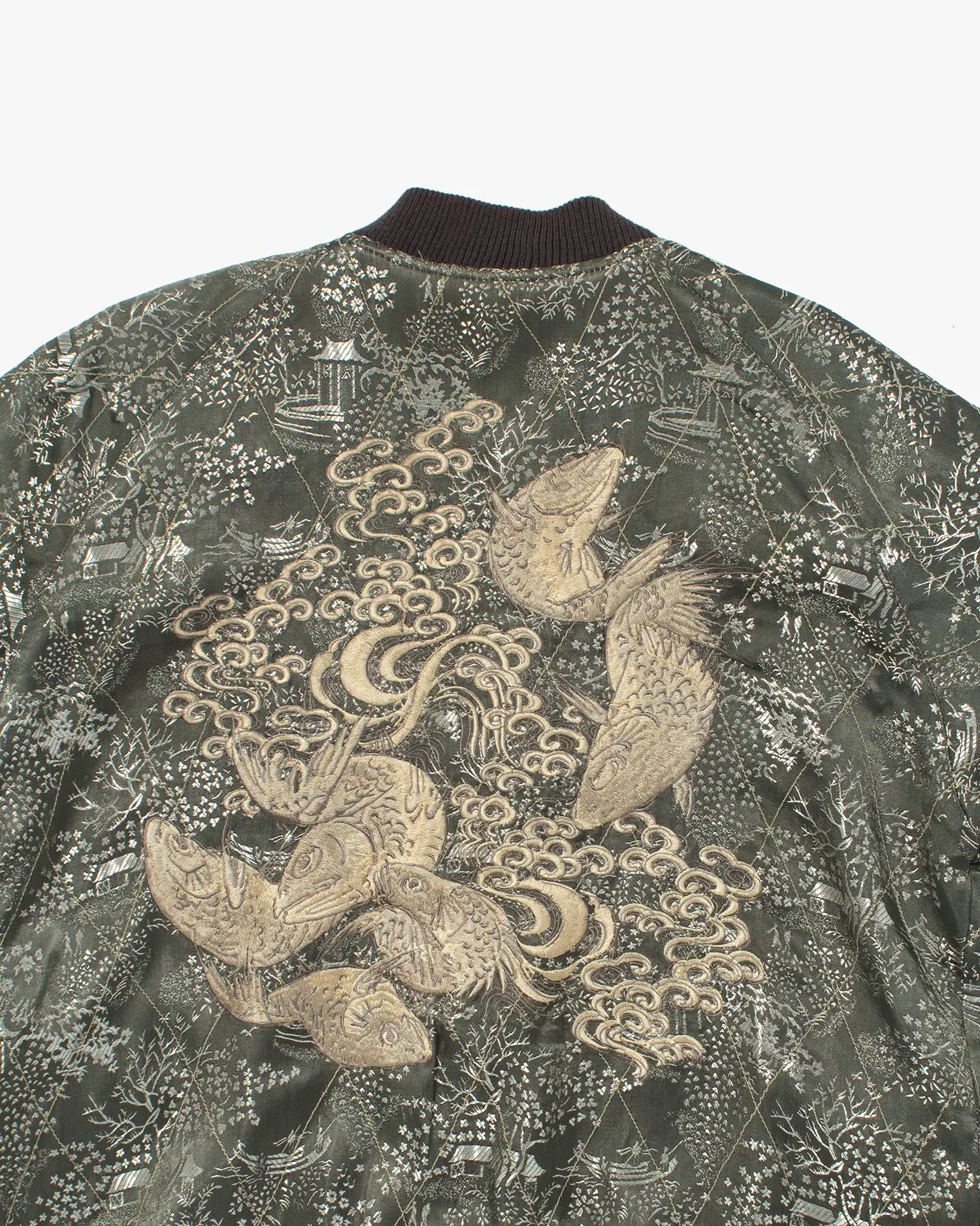 Japanese Repro Souvenir Jacket, Reversible, Black with Koi and Cherry Blossom Tree