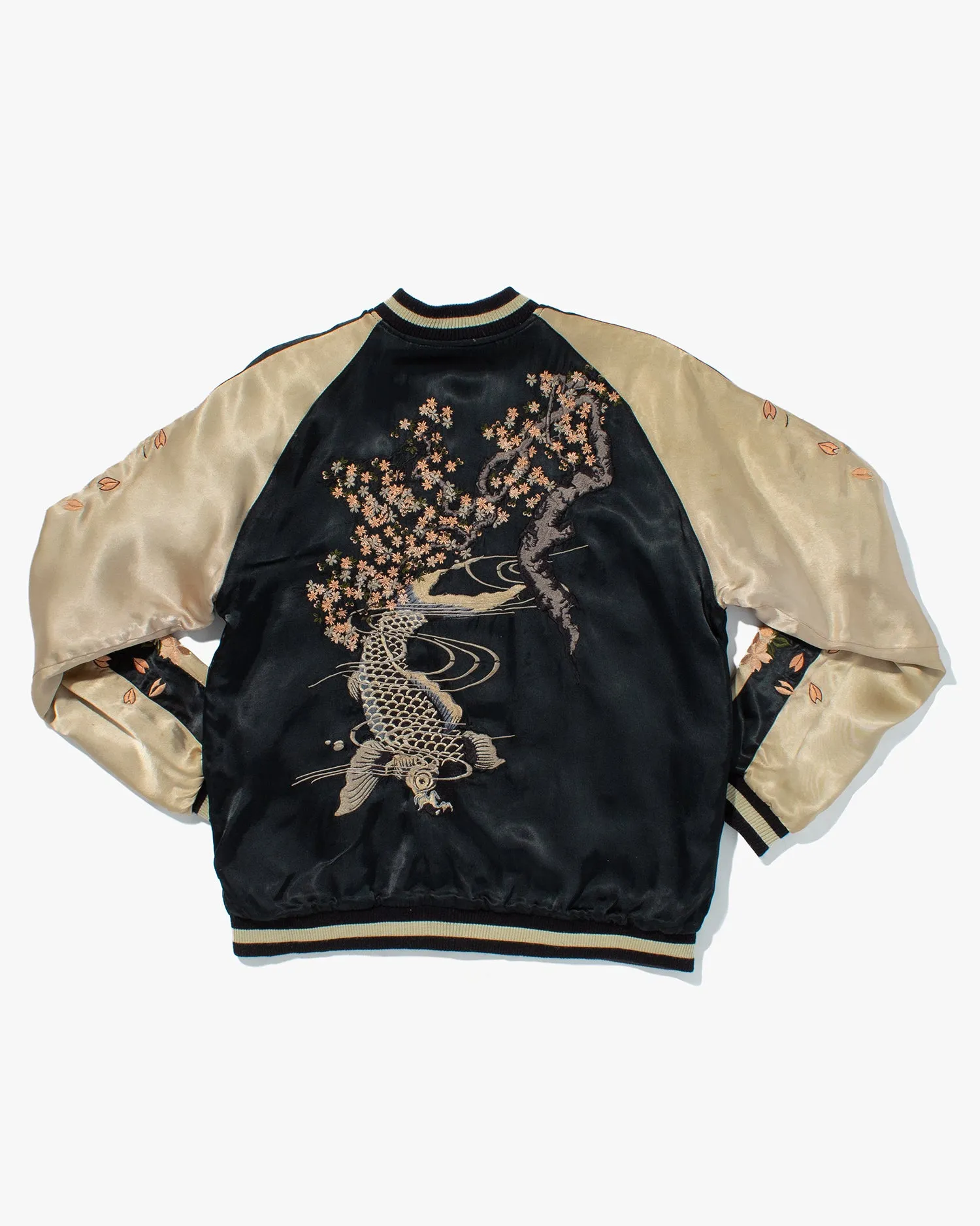Japanese Repro Souvenir Jacket, Reversible, Black with Koi and Cherry Blossom Tree