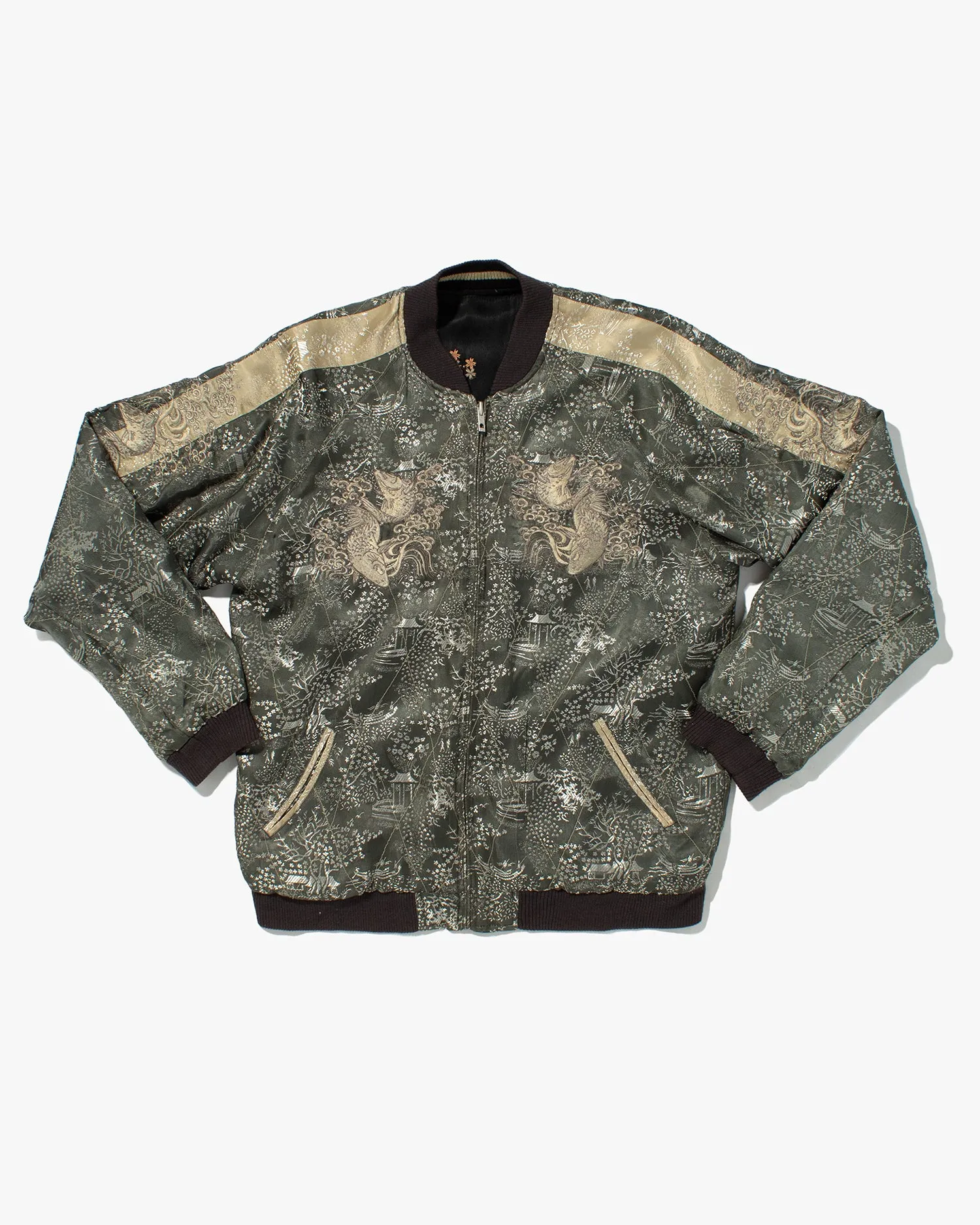 Japanese Repro Souvenir Jacket, Reversible, Black with Koi and Cherry Blossom Tree