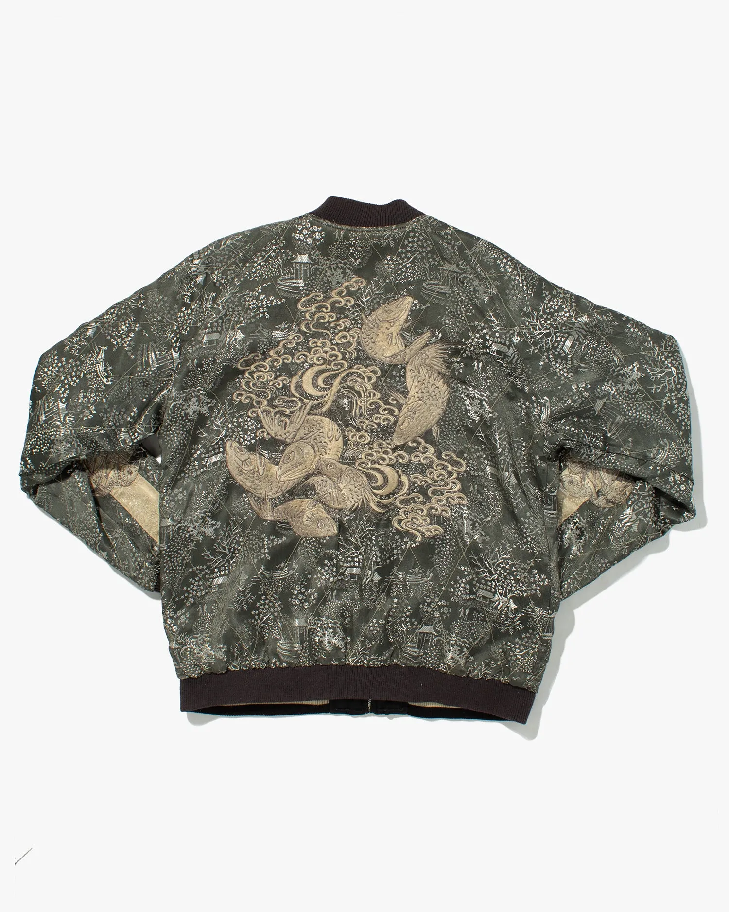 Japanese Repro Souvenir Jacket, Reversible, Black with Koi and Cherry Blossom Tree