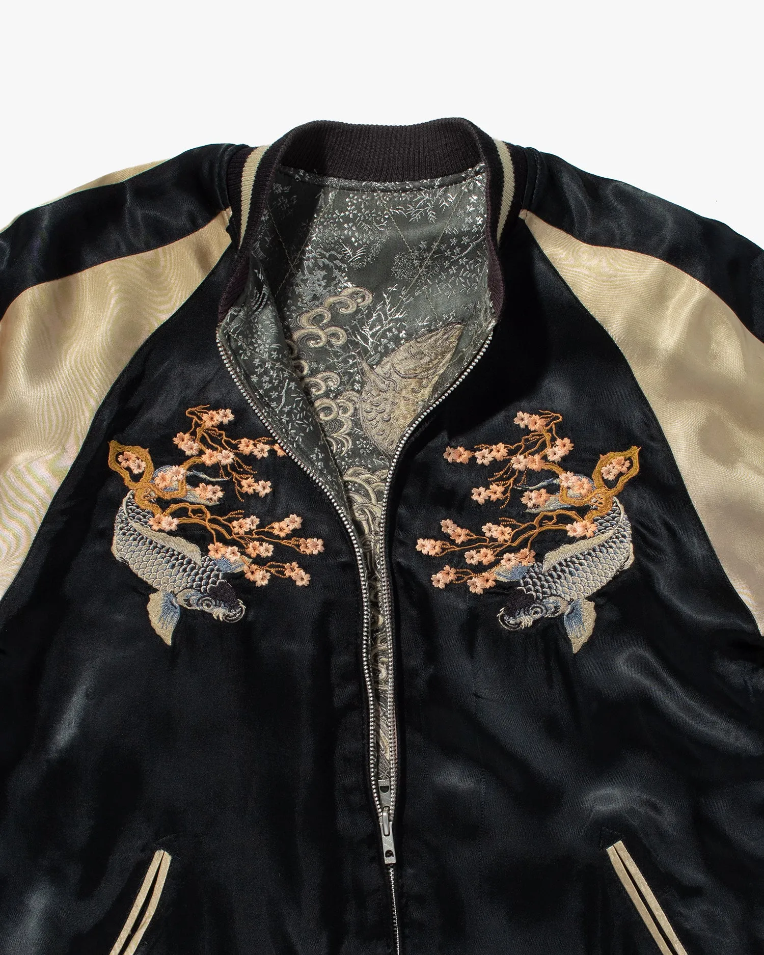 Japanese Repro Souvenir Jacket, Reversible, Black with Koi and Cherry Blossom Tree