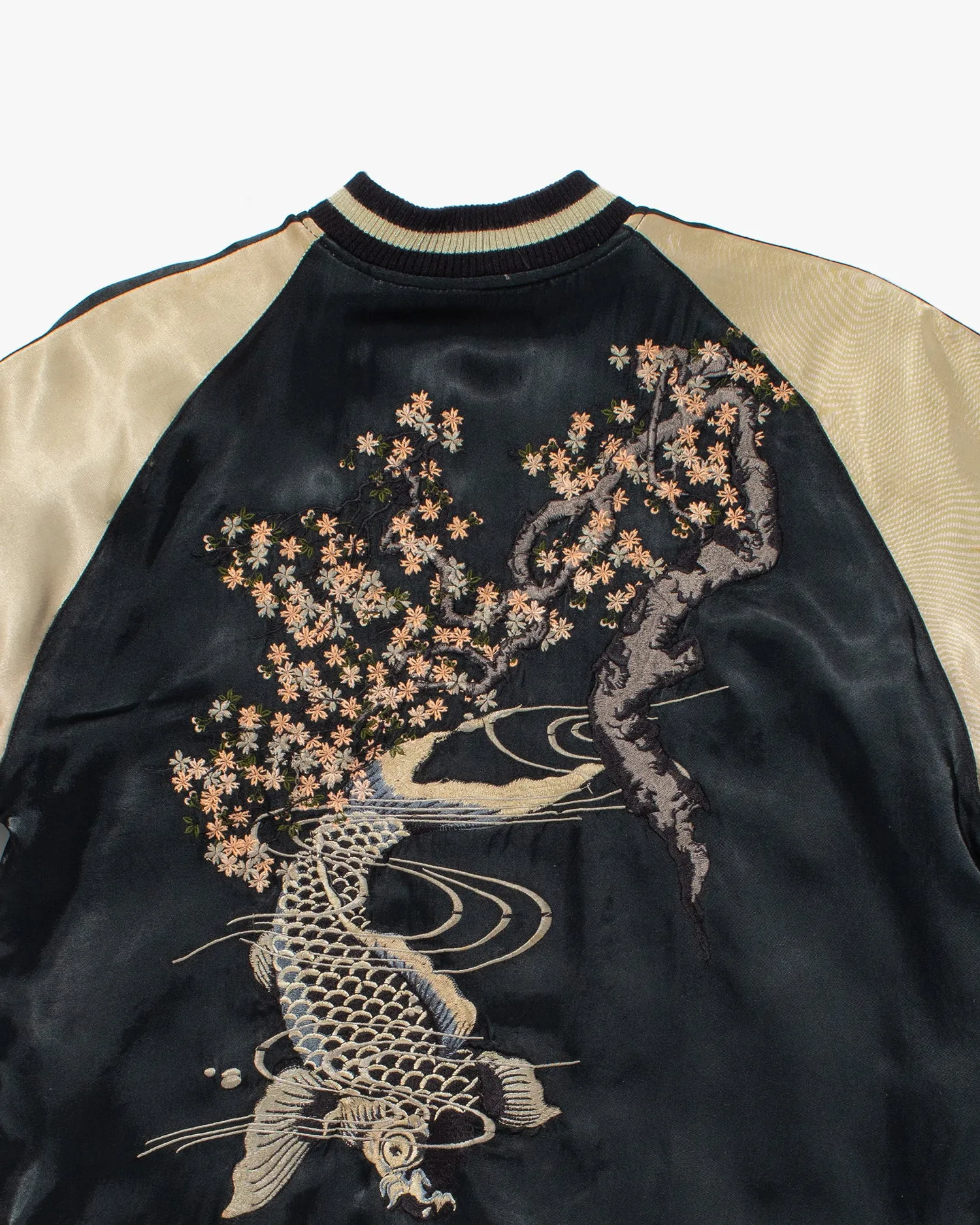 Japanese Repro Souvenir Jacket, Reversible, Black with Koi and Cherry Blossom Tree