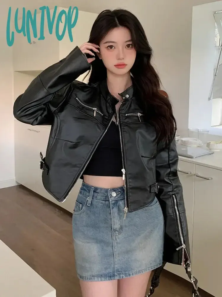 Lunivop 2024 Streetwear Solid Women PU Jackets Y2k Aesthetic Simple Multi-zipper Cropped Coats Harajuku Casual Black Punk Mujer Chaqueta