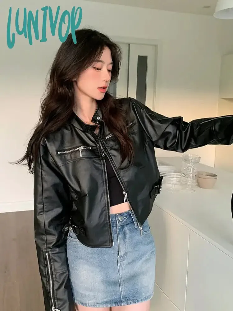 Lunivop 2024 Streetwear Solid Women PU Jackets Y2k Aesthetic Simple Multi-zipper Cropped Coats Harajuku Casual Black Punk Mujer Chaqueta