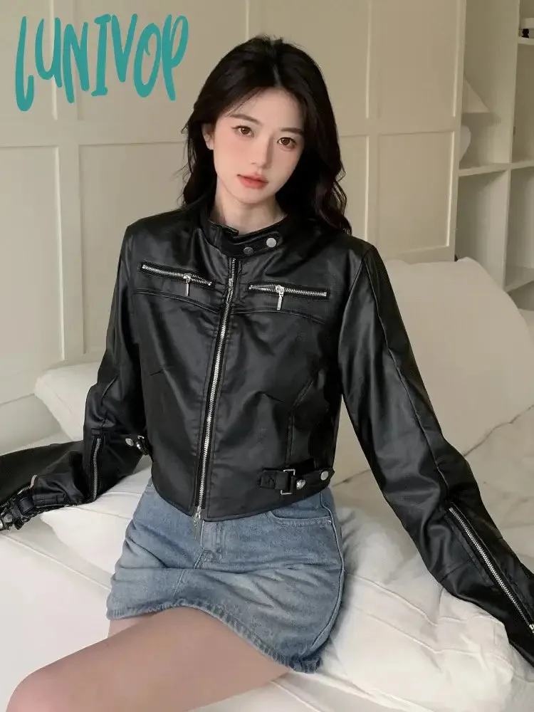 Lunivop 2024 Streetwear Solid Women PU Jackets Y2k Aesthetic Simple Multi-zipper Cropped Coats Harajuku Casual Black Punk Mujer Chaqueta