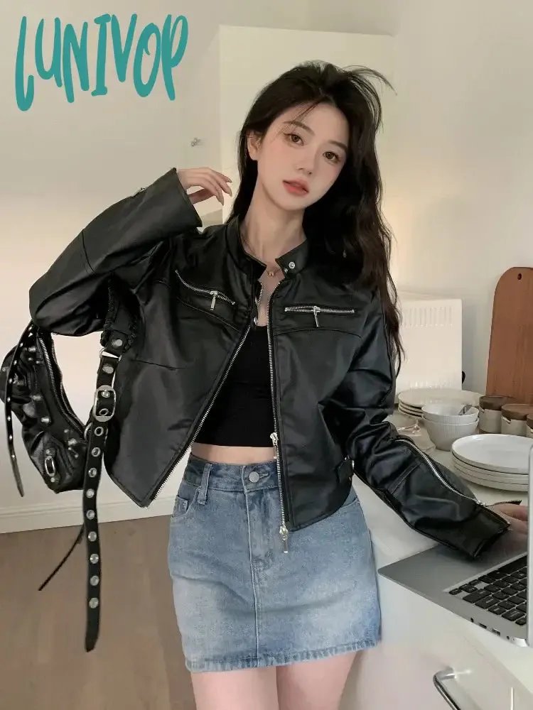 Lunivop 2024 Streetwear Solid Women PU Jackets Y2k Aesthetic Simple Multi-zipper Cropped Coats Harajuku Casual Black Punk Mujer Chaqueta